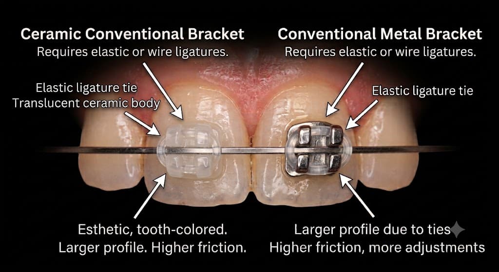 Ceramic conventional bracket (left, translucent body) vs conventional metal bracket (right)